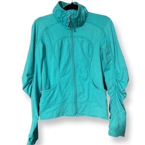 Lululemon Sweater Blue Teal High Neck Gathered Arms Pockets.